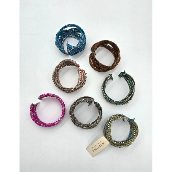 Boho Chic Seed Bead Wire Cuff Bracelets Multicolor Festival Jewelry Lot of 7 - Picture 2 of 11